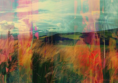 A glitchy landscape photo of farming hills but with interesting flares across it depicting Transdisciplinary Approaches to climate change